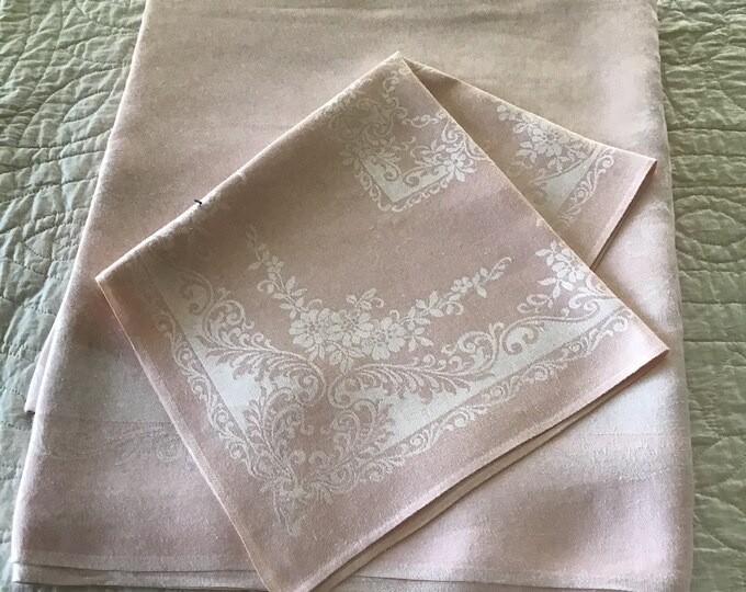 1950s Pink Damask Tablecloth/12 Matching Napkins. Etsy