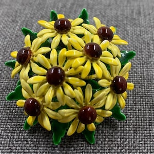 1960’s Yellow, Brown and Green Enamel Flower Cluster Dimensional Brooch