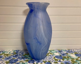 VETRERIA OPERAIA Lux of Italy Vase 12", Frosted Blue Glass with Swirls in Shades of Blue and White, Original Label