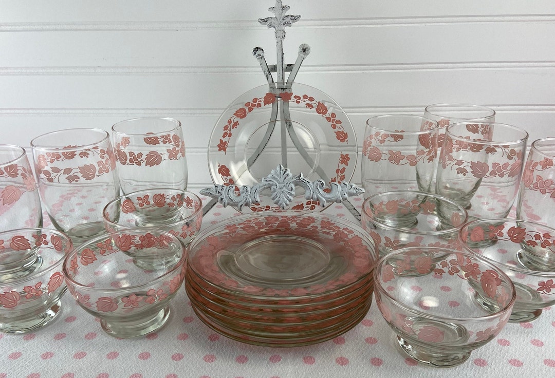 Glass DISH SET With Pink Leaf Trim 21 Piece SET, 8 Plates, 6 Sherbets