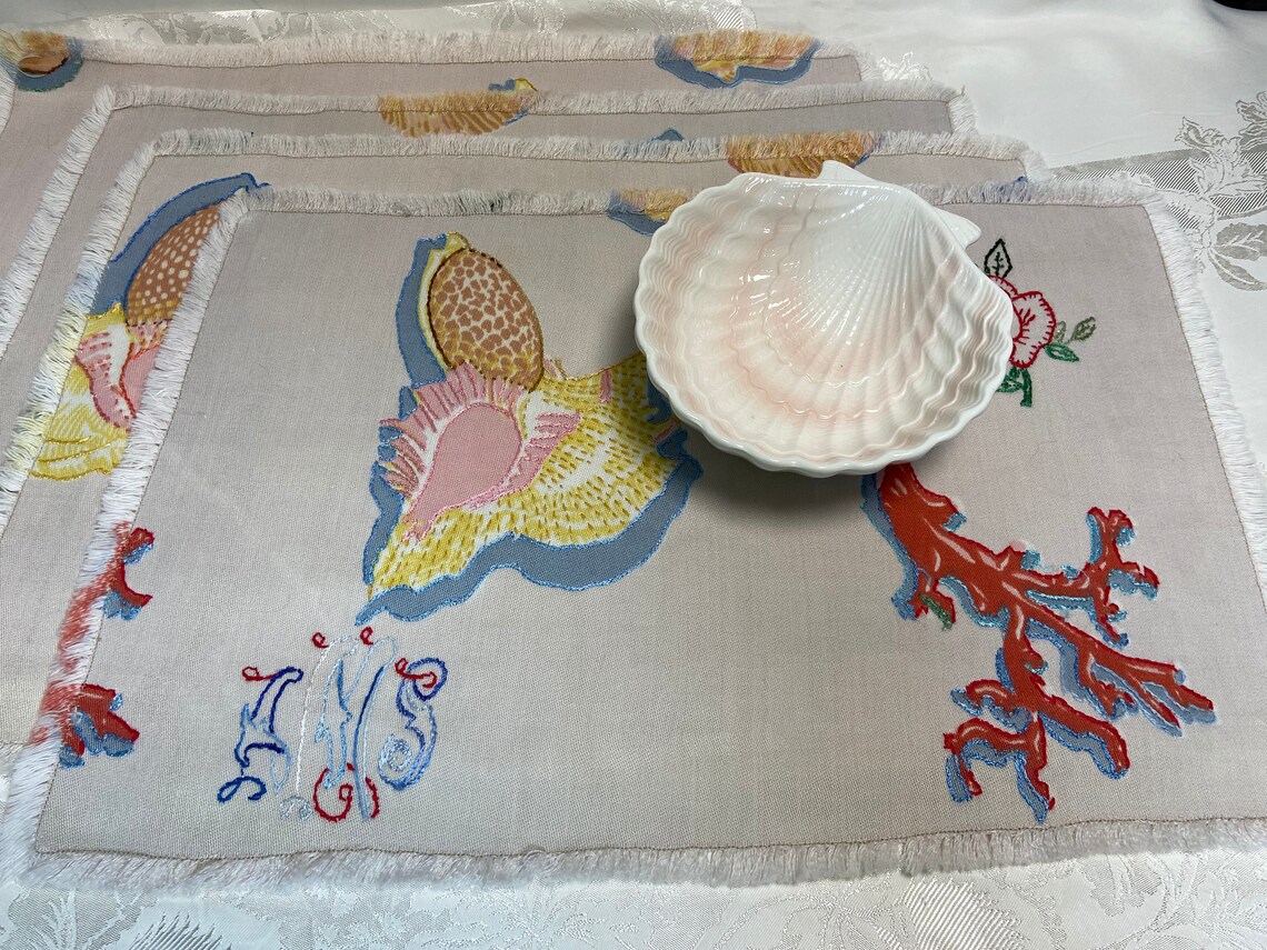 COASTAL Placemats Set of 4 Embroidered Seashells Coral etc. Etsy