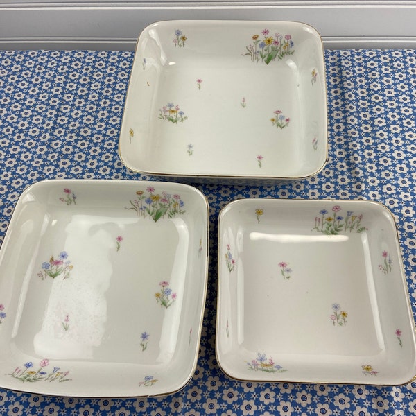 Schumann ARZBERG Bavarian China, Square Serving Bowl Set of Three (3), Blue, Pink & Yellow Flowers, Vintage 1950s, EUC!