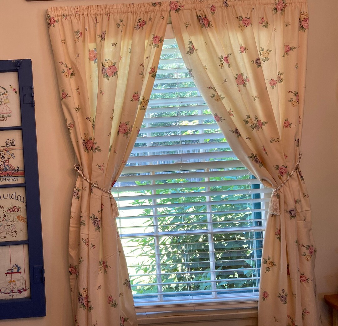 Vintage JC PENNEY Lined Rod Pocket DRAPES, Yellow With Pink Roses