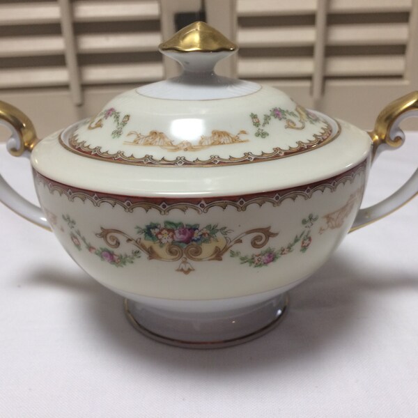 MEITO 'Berkeley' pattern Sugar Bowl with Lid, Hand Painted China, made in Japan, Vintage 1950s, Cream, Gold, Green, Pink, Blue