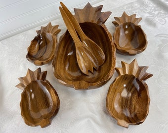 Carved Monkey Pod Wood Pineapple SALAD SET, 7-Pieces, Vintage 1960s