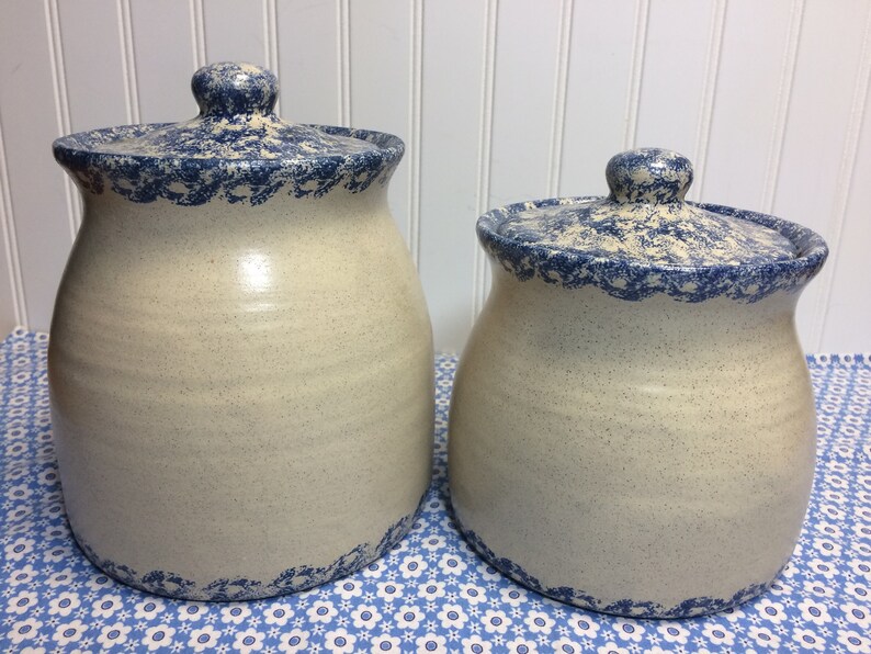 Spongeware Pottery CANISTER SET Creamy White With Blue Etsy