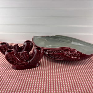 RED WING Belle Kogan Art Pottery, 'Bird of Paradise' Console Bowl with Pair of Matching Double Candleholders, Vintage 1950s, Nice!