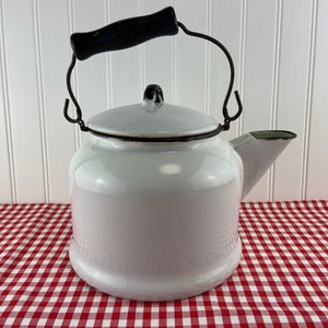Vintage 1950s Enamelware Tea Kettle: White with Black Trim (Decor Use Only)