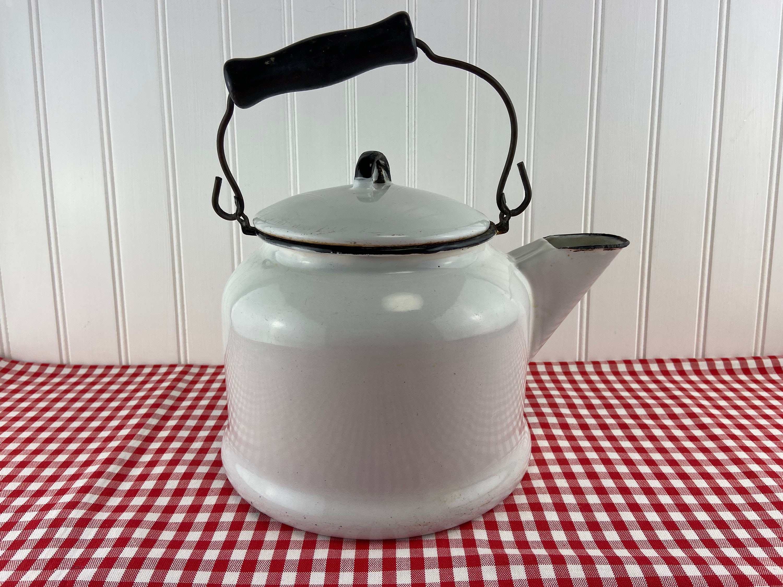 Enamelware Tea Kettle: White With Black Trim (decor Use Only