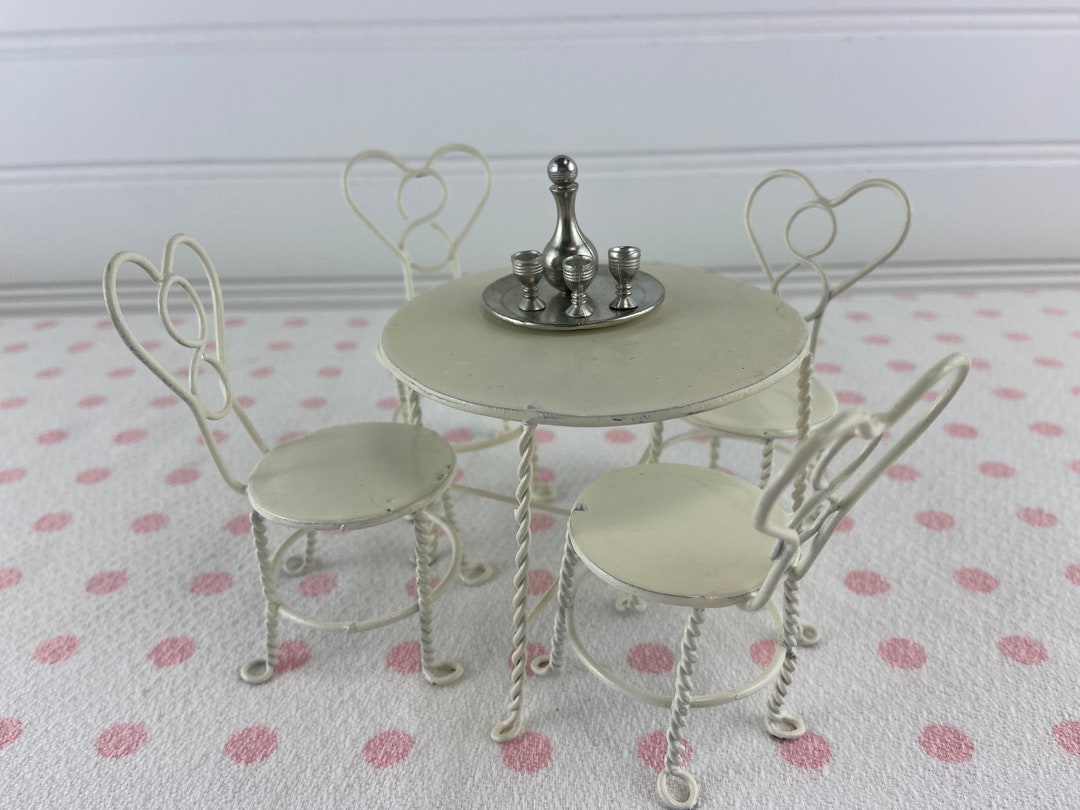 DOLL HOUSE Ice Cream Parlor Table & Four Chairs White Metal Etsy