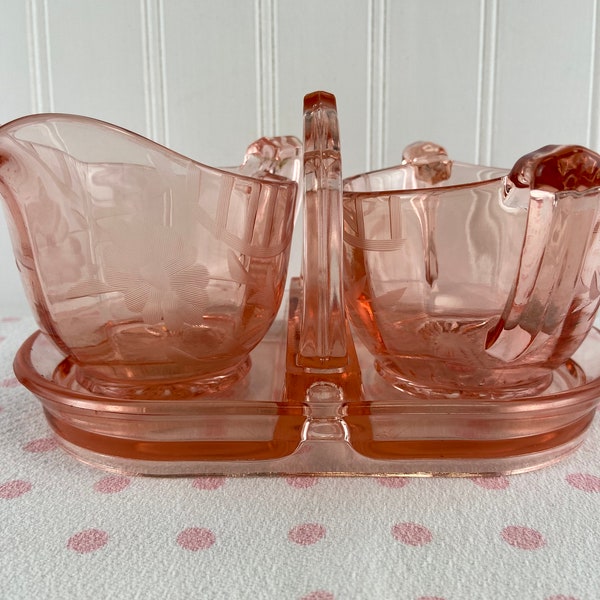 Pink Glass Creamer & Sugar Set with Handled Tray, Depression-Era Glass, Vintagte 1930s