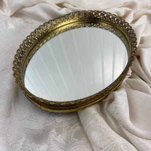 Vintage Hollywood Regency Gold Floral Vanity Tray, Mirrored Oval Perfume Tray