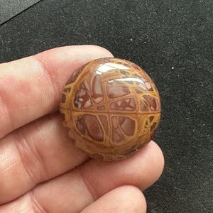 May include: A round, polished cabochon of brown and tan jasper with a swirling, abstract pattern.