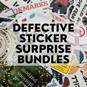 May include: A close-up of a pile of colourful stickers with the text "DEFECTIVE STICKER SURPRISE BUNDLES". The stickers feature various designs, including a book, a hand, a heart, and a cat.
