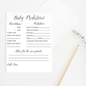 Carte de prédictions de douche de bébé, confettis roses, cartes de conseils de prédictions de bébé, conseils pour les nouveaux parents, jeux de douche de bébé imprimables