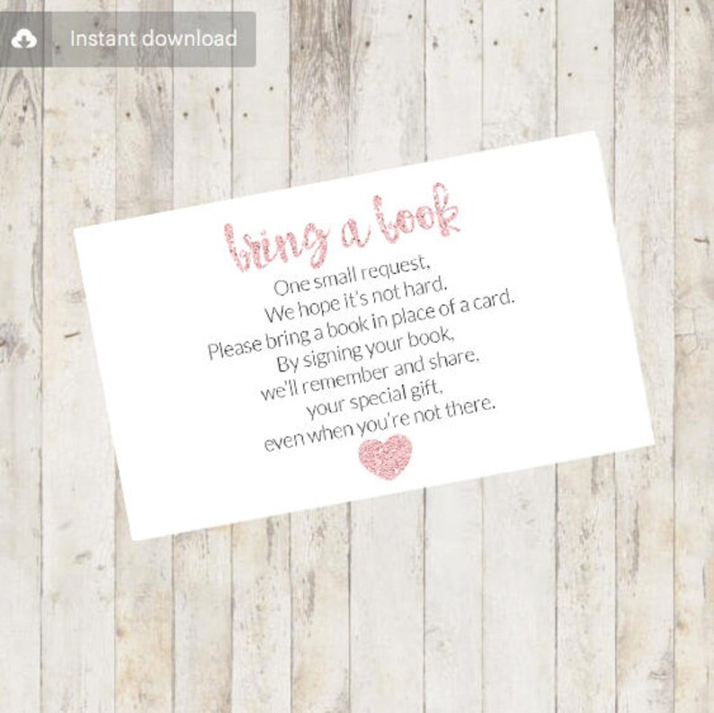 Baby Shower Printable, Baby Shower Bring a Book Card, Bring a Book Instead of a Card, Bring a Book Baby Shower Insert Pink Glitter Sparkles image 1