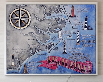 North Carolina Lighthouses Map Art Print: Hand-Drawn Nautical Chart