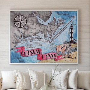 Crystal Coast North Carolina Map Art Print - Nautical North Carolina Watercolor and Ink Map Art - Vintage Outer Banks Wall Artwork