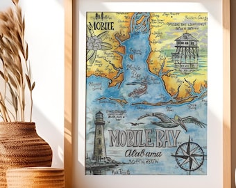 Mobile Bay Map Art Print: Vintage Watercolor & Ink, Alabama Coastal Decor