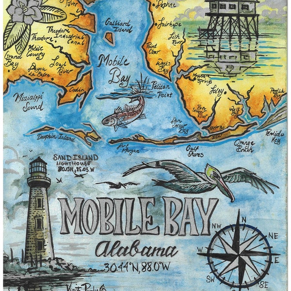 Mobile Bay Map Print, Watercolor and Ink