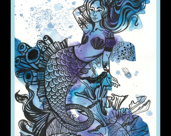 Mermaid Art Print: Abstract Watercolor & Ink, Blue Purple Ocean Decor