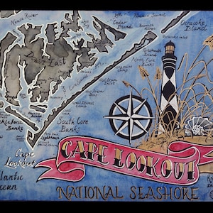 Cape Lookout Carolina Map Print, Watercolor and Ink