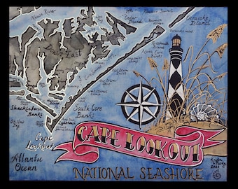 Cape Lookout Carolina Map Print, Watercolor and Ink