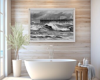 Hurricane Ian Seascape Art Print: Oak Island Pier Watercolor