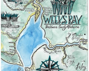 Weeks Bay Map Print, Watercolor and Ink Painting