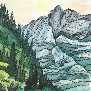 May include: Watercolor painting of a mountain range with a forest in the foreground. The sky is a light blue with a yellow sun in the upper right corner. The mountains are a light blue and gray with dark blue lines. The forest is a dark green with light green accents. The painting is signed "Kris Purdy" in the lower right corner.