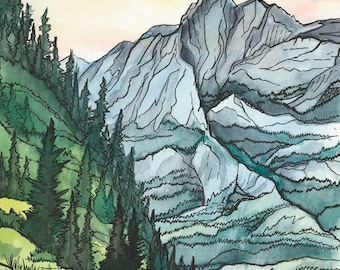 Beartooth Scenic Highway, Watercolor and Ink Plein Air Giclee Print