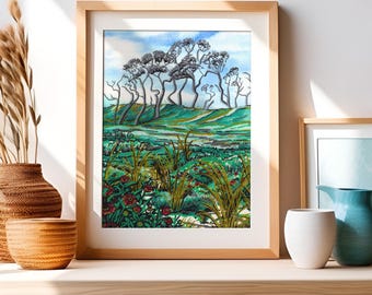 Sand Oak Grove, Giclee Print of Original Plein Air Watercolor and Ink Painting