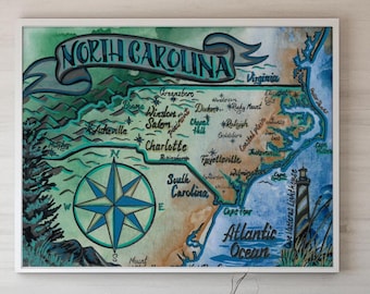 North Carolina Giclee Watercolor and Ink Map Print