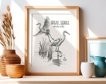Great Egret Art Print - Bird Watercolor Illustration - Naturalist Art