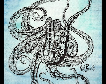 Colorful Octopus Giclee Wall Art Print of Original Watercolor and Ink Painting