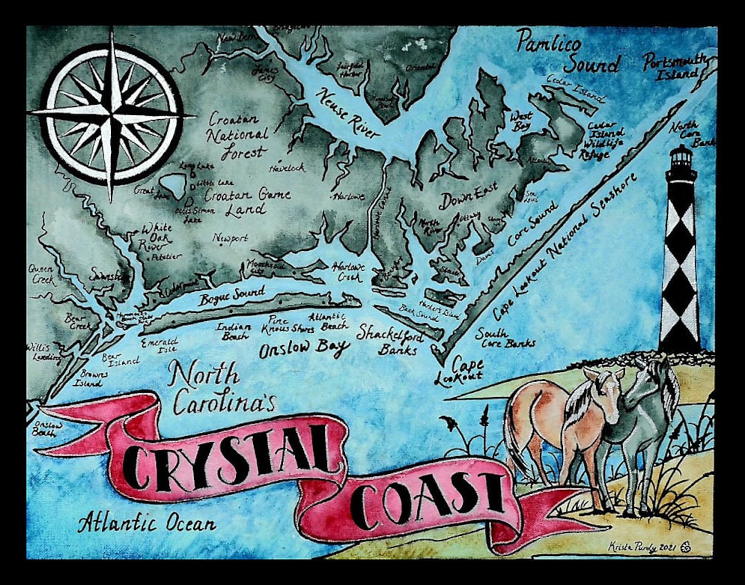 Crystal Coast North Carolina Map Print, Watercolor and Ink - Etsy