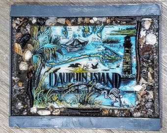 Dauphin Island Alabama Map Art: Original Watercolor Painting, Shell Inlay Frame