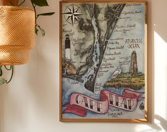 Cape Fear North Carolina Map Print, Watercolor and Ink