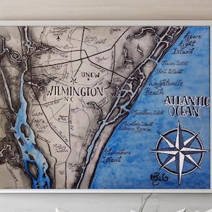 Wilmington North Carolina Map Print, Watercolor and Ink