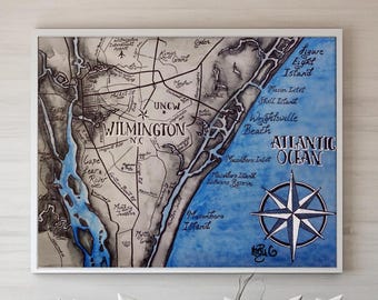 Wilmington North Carolina Map Print, Watercolor and Ink