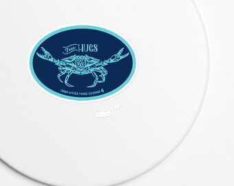 Kiss-cut vinyl decalsFree Hugs Blue Crab Vinyl Decal | Funny Crab Sticker | Waterproof Coastal Car Decal | Beach Lover Gift