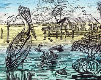 Pelican Watercolor Print: Florida Dock Scene