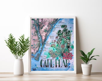 Wilmington NC Illustrated Map Print, Cape Fear Coastal Art, Venus Flytrap Pitcher Plant Botanical Wall Art, North Carolina Beach Decor Gift