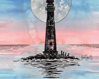 Full Moon Lighthouse Giclee Print