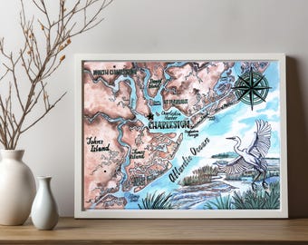 Charleston SC Map Print, Coastal Wall Art, South Carolina Lowcountry Decor, Salt Marsh Illustration, Nautical Beach House Art, SC Gift