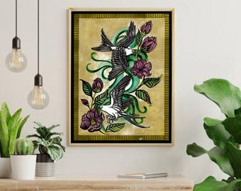 Magnolia & Bird Tattoo Art Print: Colorful Home Decor