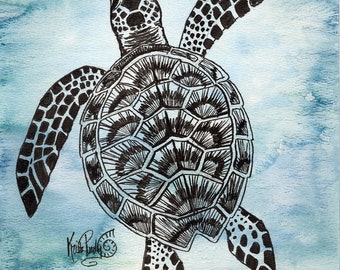 Blue and Green Sea Turtle Watercolor Giclee Print Artwork for Home Decor