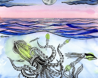 Full Moon Squid Party Giclee Print