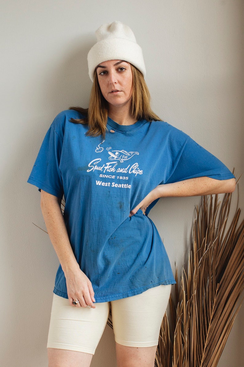 Vintage \u201cSpud Fish and Chips\u201d distressed oversized t-shirt