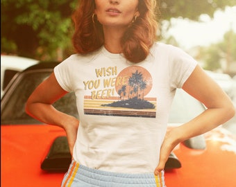 Retro wish you were beer beach theme on Mens and Womens Unisex Heavy Cotton Tee